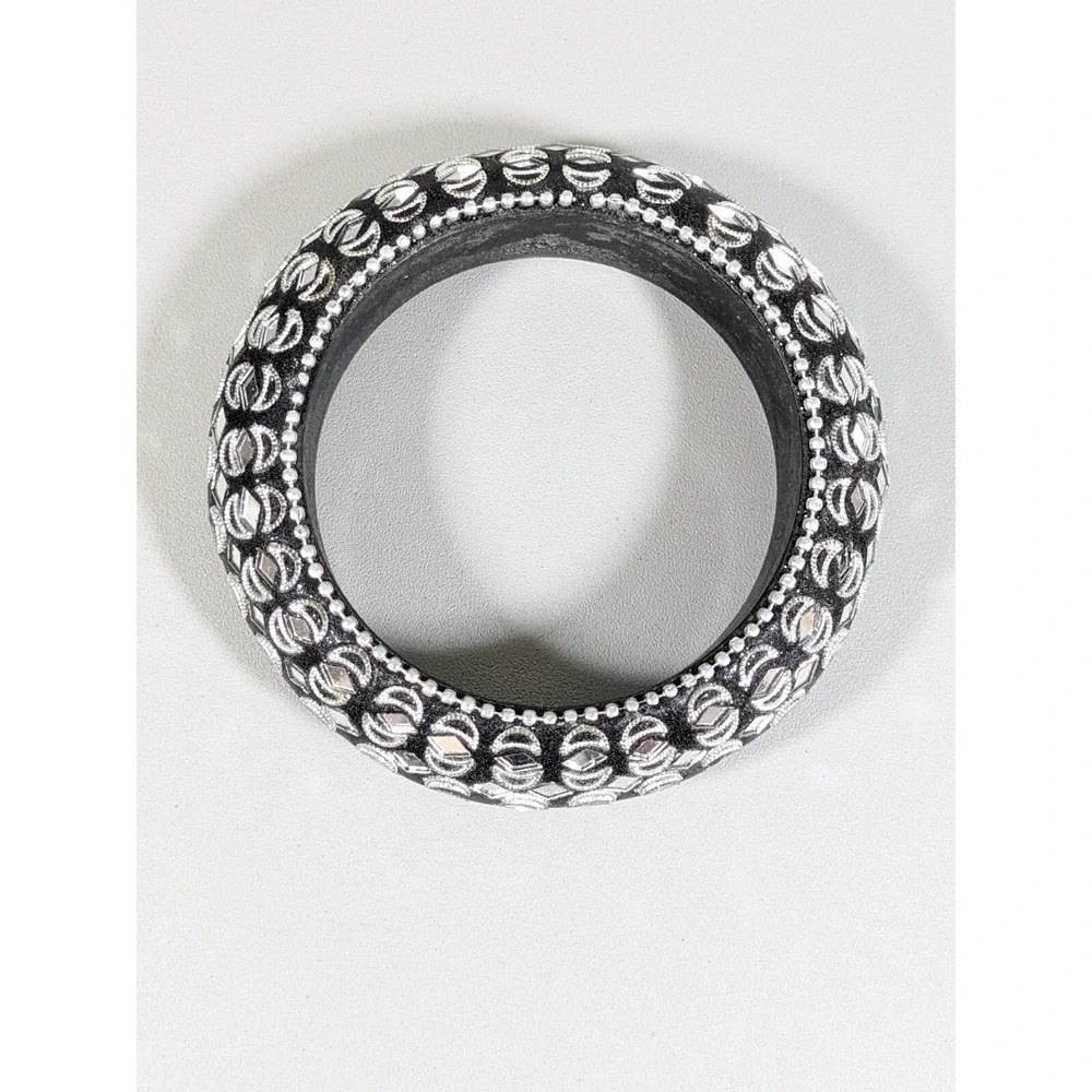 Black Silver‎ Tone mirror Crescent Moon Inlay Bangle Bracelet 8 inches